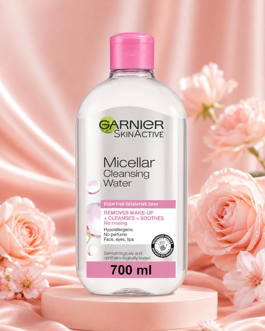 Garnier Micellar Cleansing Water skincare product image for quick makeup removal, SPF removal and simple nightly face care