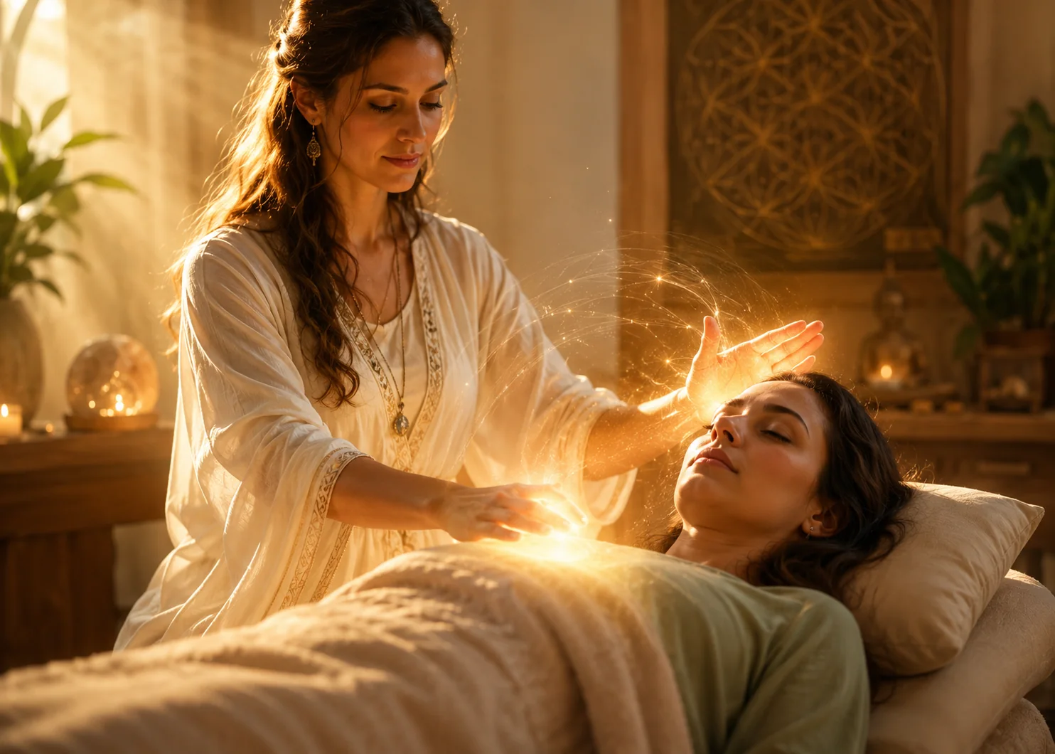 Spiritual energy clearing session with warm light and peaceful aura