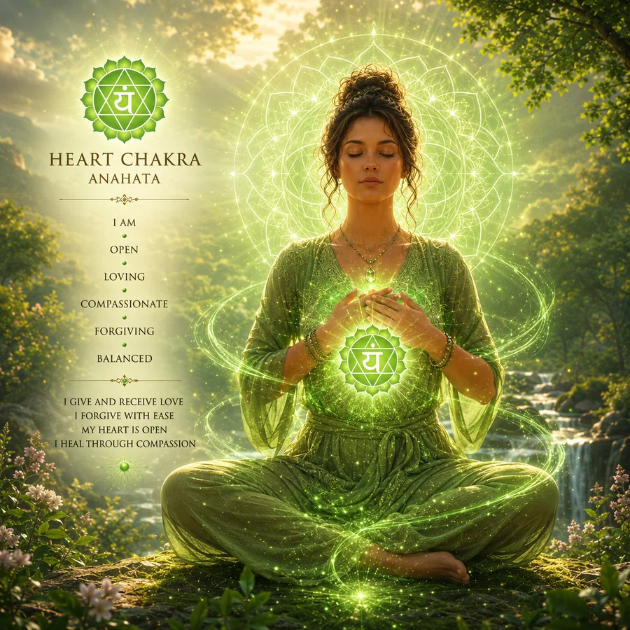 Heart chakra energy block clearing with green healing light
