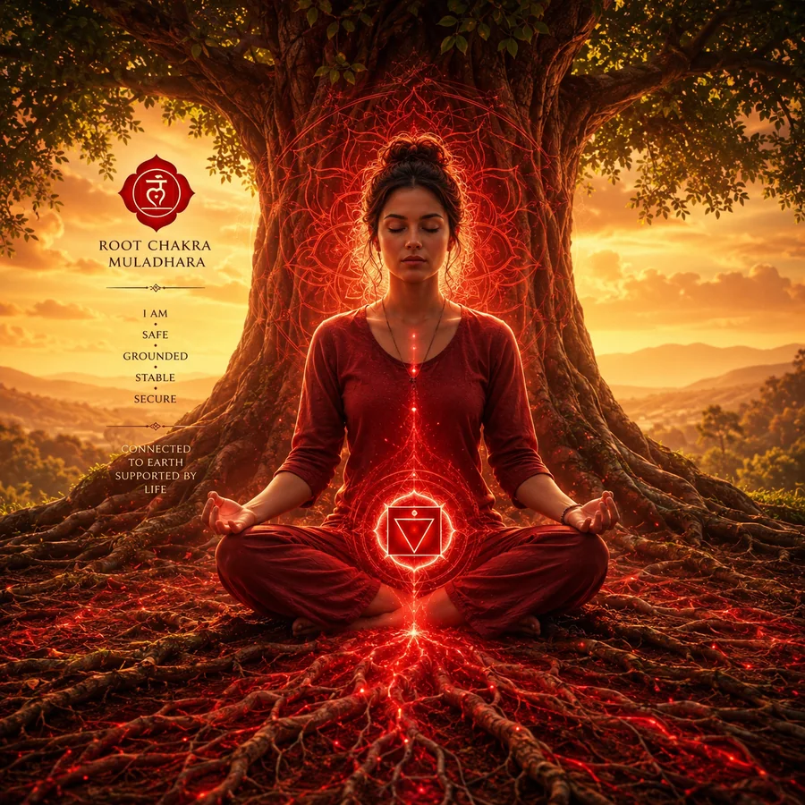 Root chakra energy block clearing with red grounding light