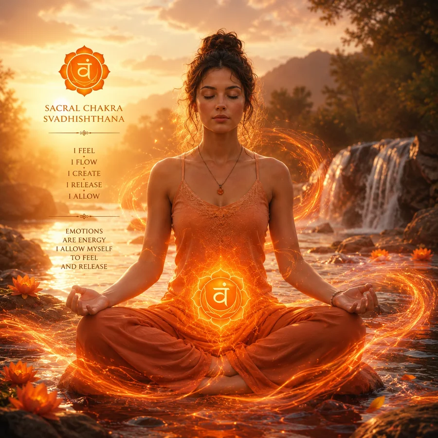 Sacral chakra energy block clearing with orange flowing light