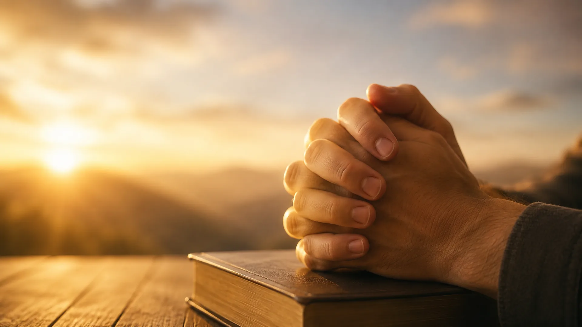 Warm sunrise prayer scene with Bible, candles, and soft heavenly light