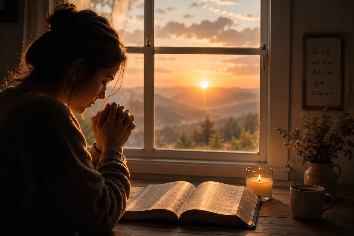 Person praying by a window beside an open Bible and candlelight