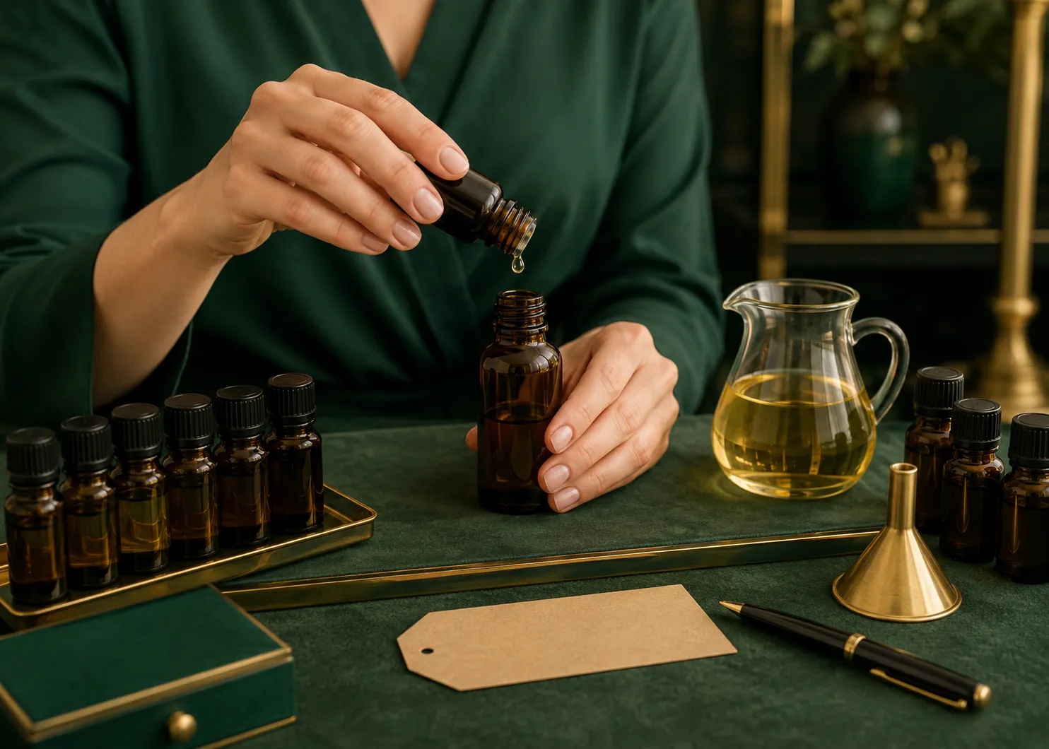 Preparing a money magnet essential oil blend in a clean dark bottle