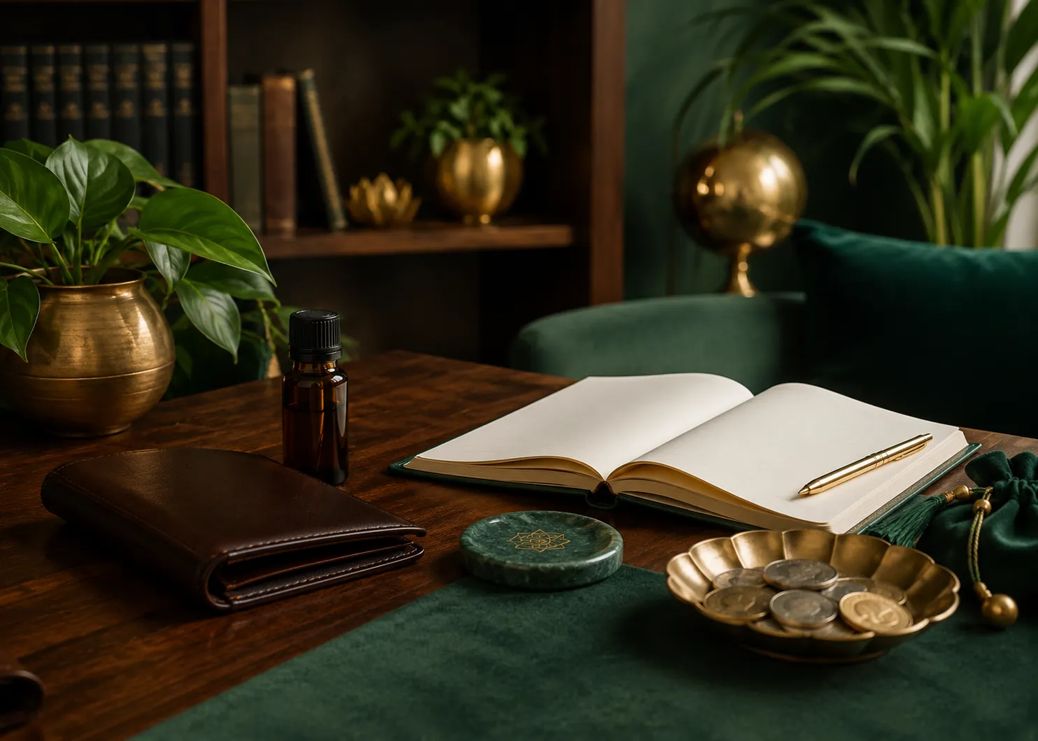 Wallet, journal, oil bottle and coins representing practical ways to use money magnet oil