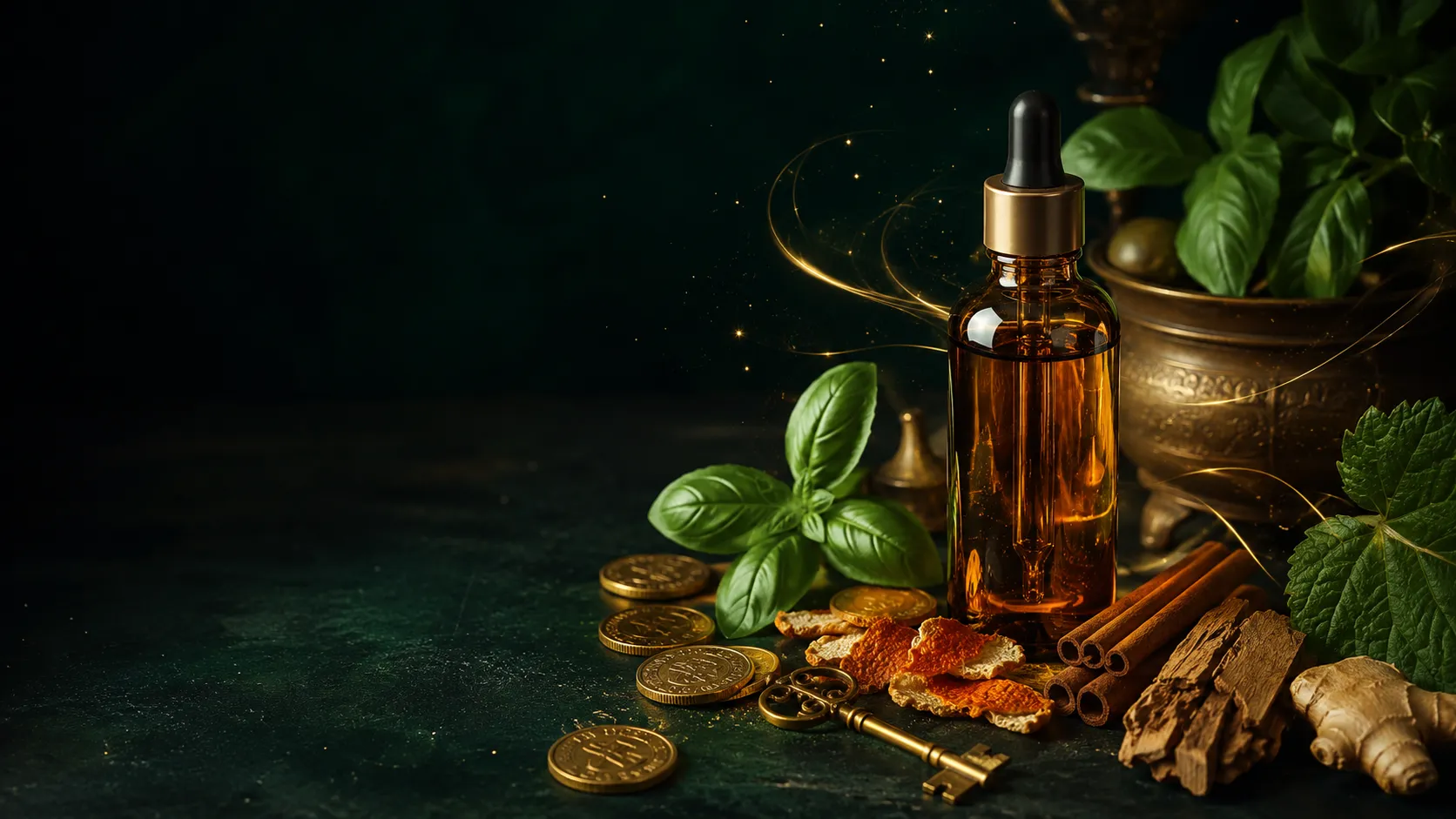 Prosperity oil bottle with coins and botanical details