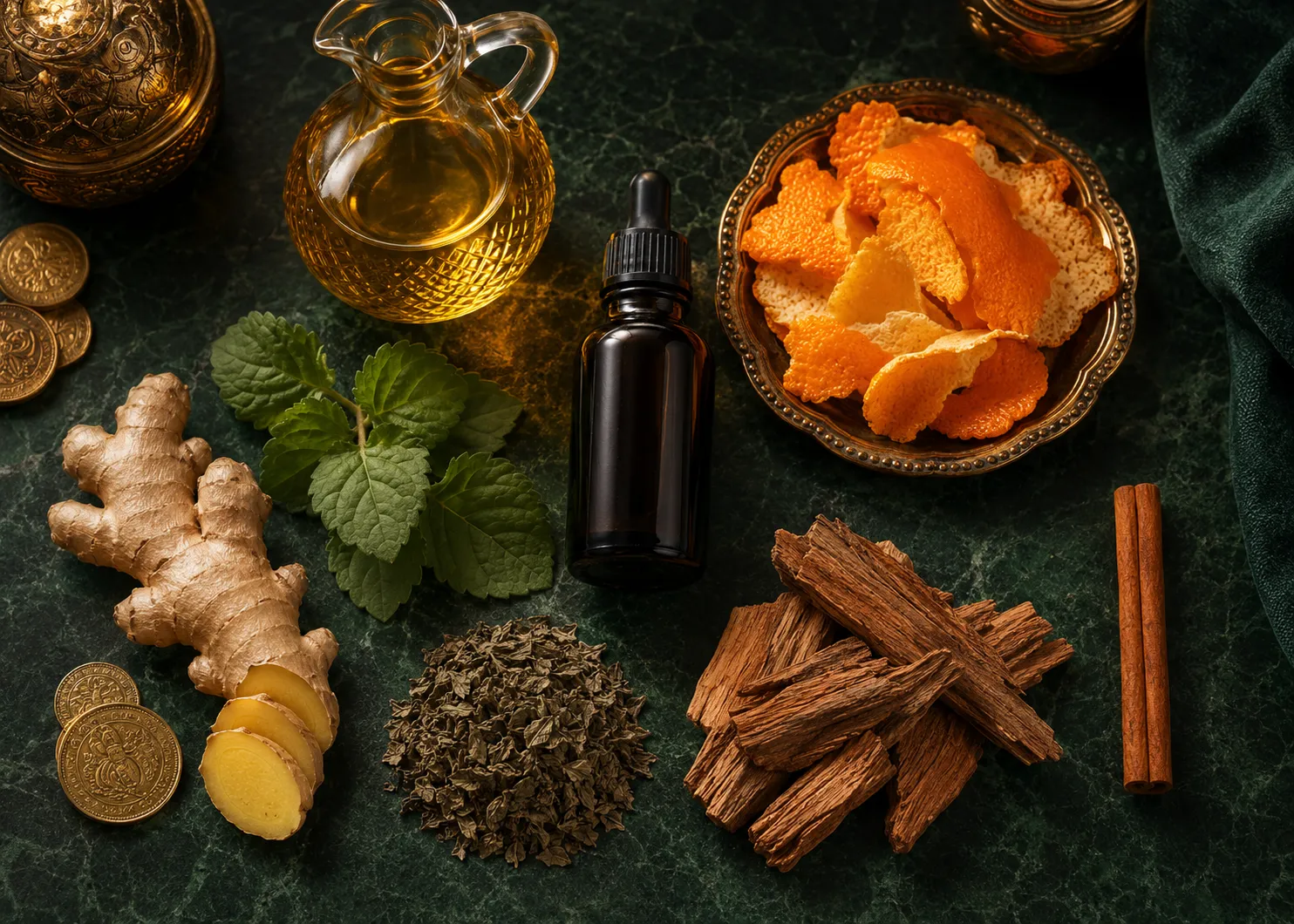 Money magnet oil ingredients arranged in the circular editorial style of the landing-page theme