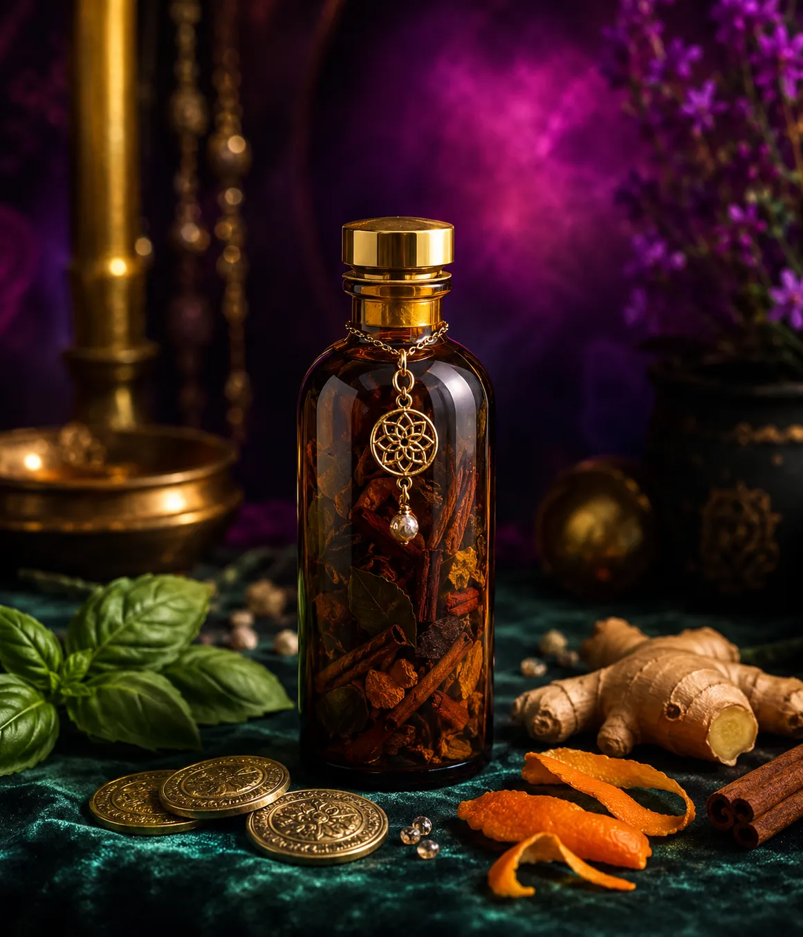 Premium amber prosperity ritual bottle with basil, coins, orange peel, ginger and candlelit magenta glow for the optional Vixen Spells wealth offer section