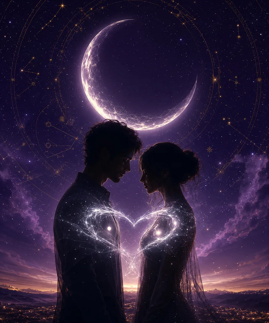 Two silhouettes under a crescent moon with a glowing heart aura