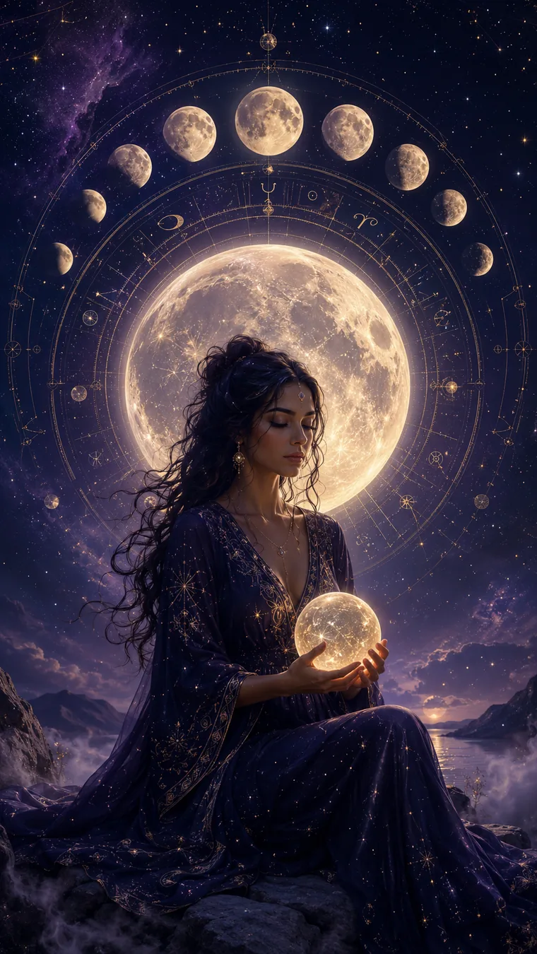Serene woman with full moon, moon phases and birth chart symbols