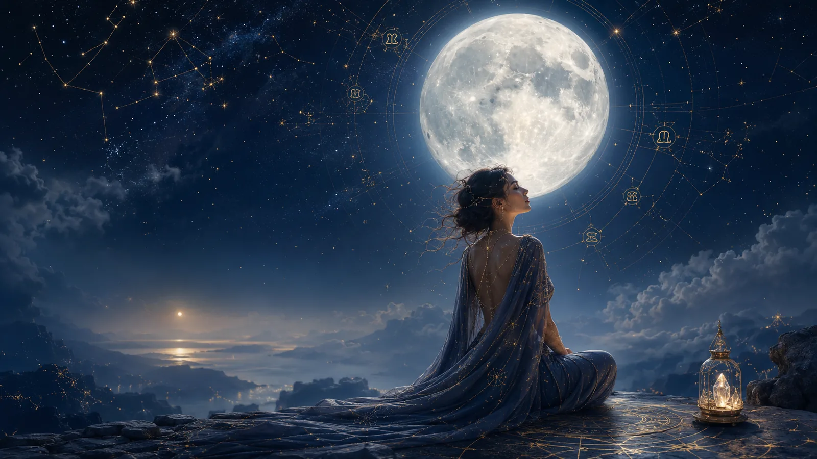 Mystical woman beneath a glowing full moon and astrology symbols