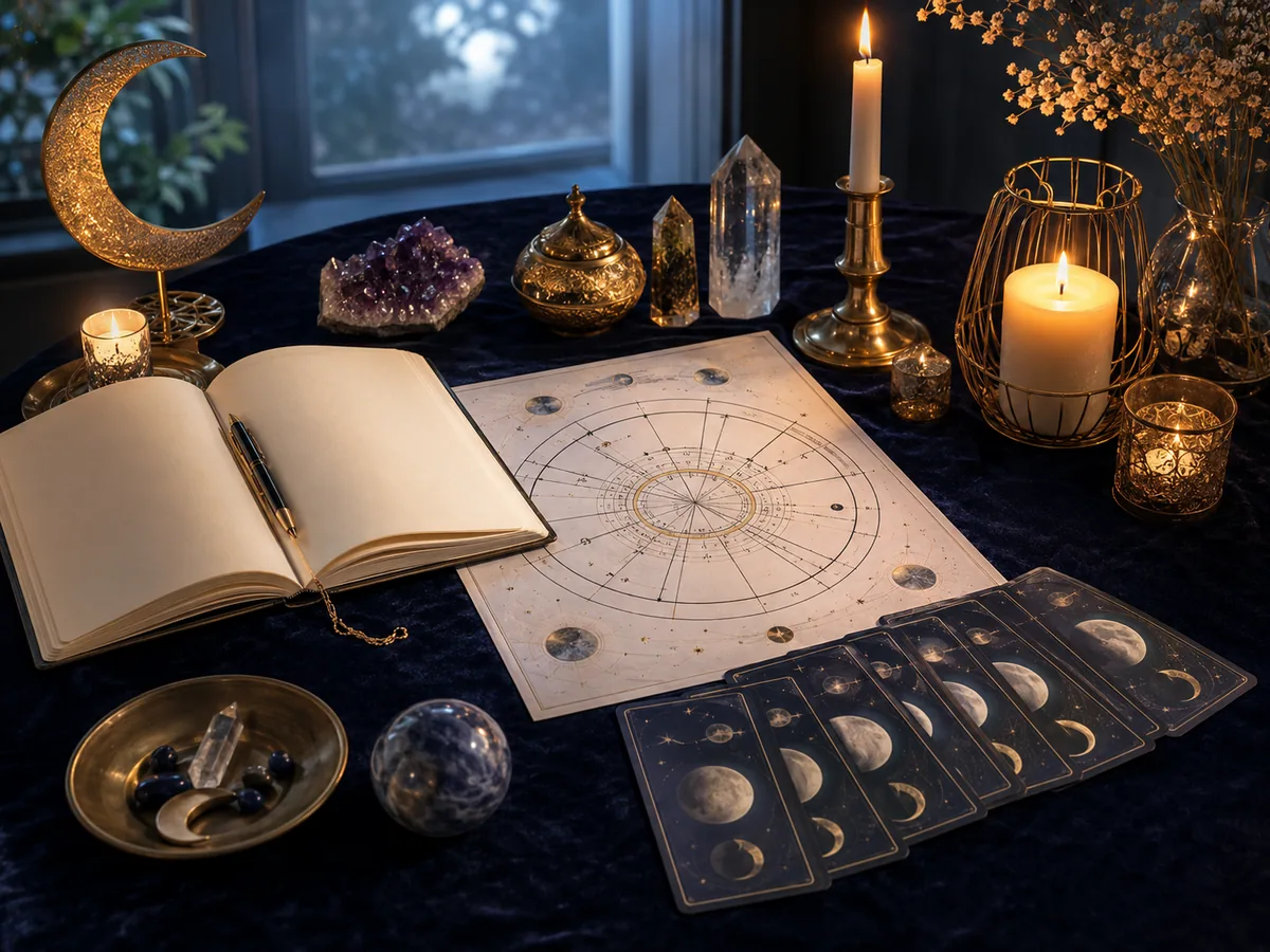 Moon reading table with candles, journal, birth chart and crystals