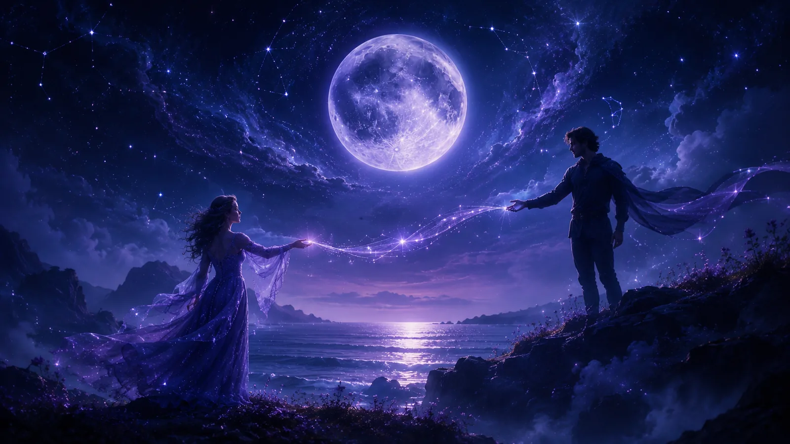 Moonlit soulmate connection across a cosmic sea