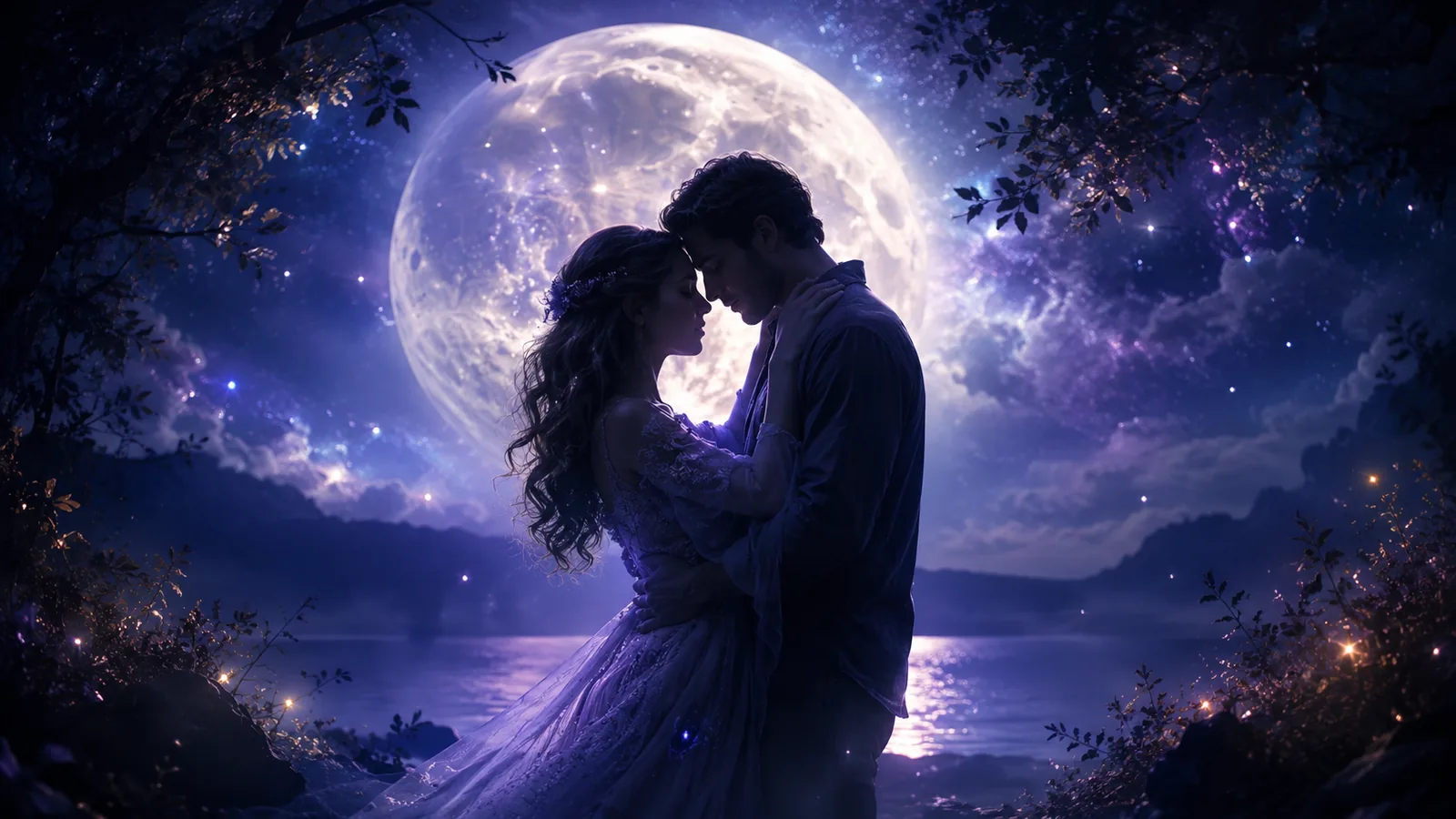Romantic couple under a glowing full moon