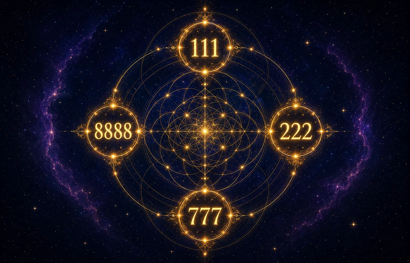 Repeating glowing numbers arranged in a mystical circle