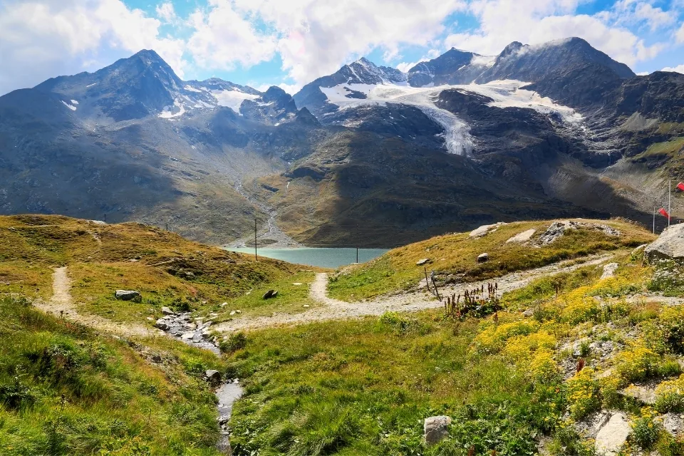 Bernina Pass scenic Switzerland train and mountain route