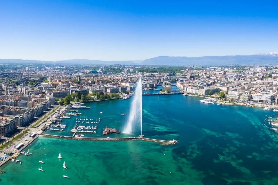 Geneva Switzerland city and lake travel scene