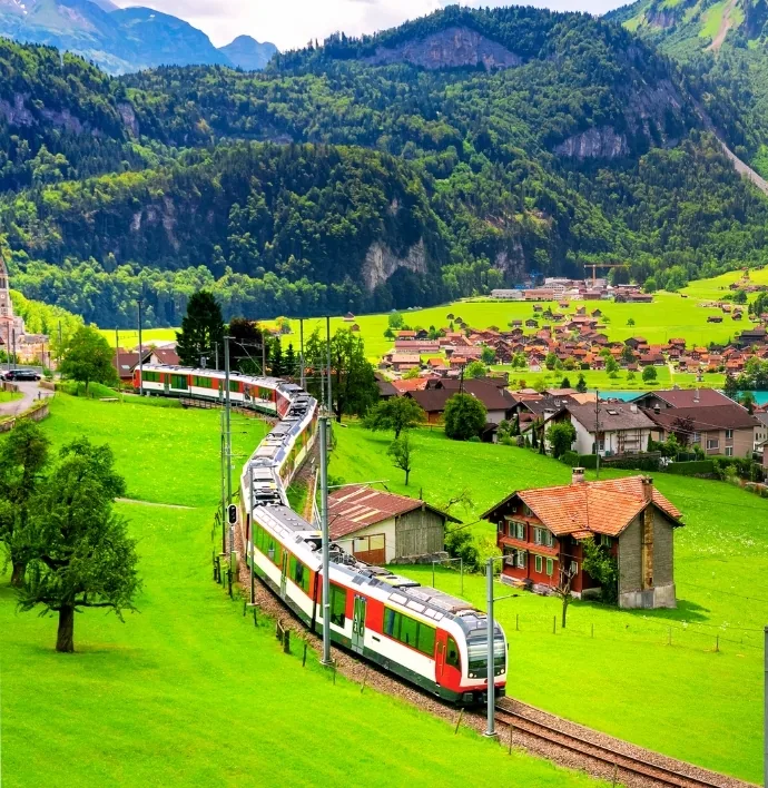 Scenic train travel in Switzerland through the Alps