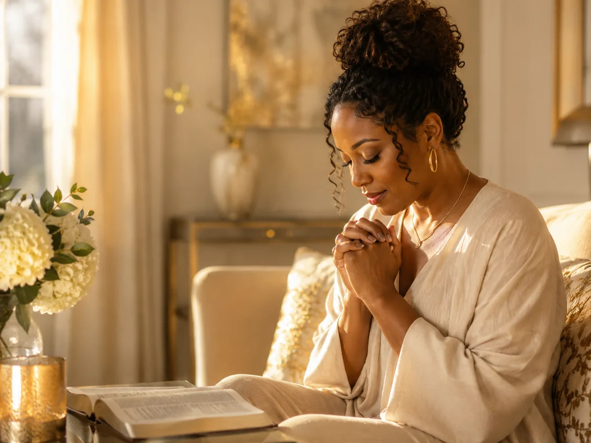 African American woman in quiet prayer beside an open Bible and flowers