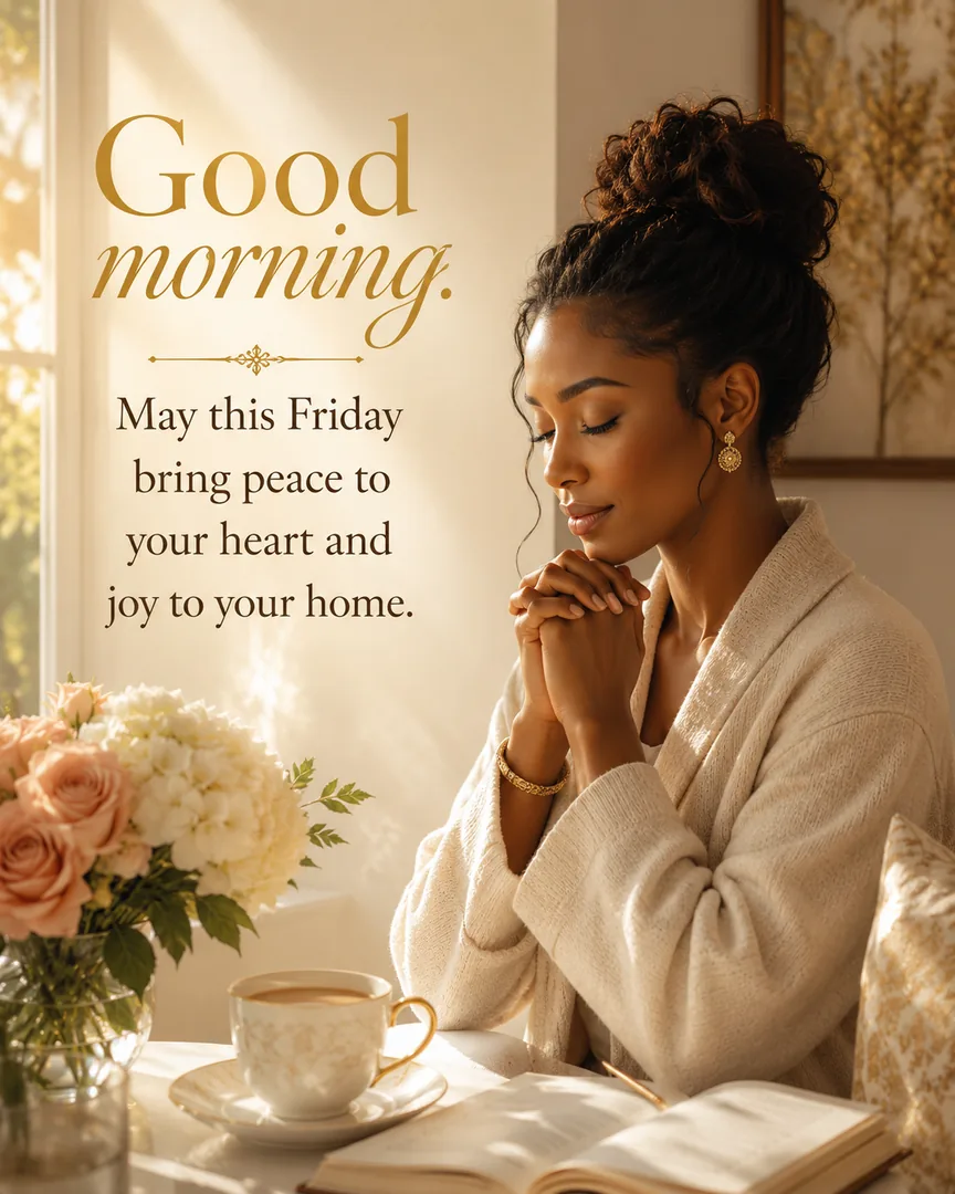 African American Friday blessing image: Good morning. May this Friday bring peace to your heart and joy to your home.
