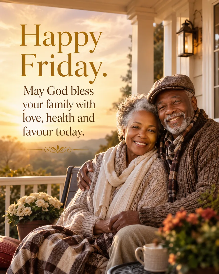 African American Friday blessing image: Happy Friday. May God bless your family with love, health and favour today.
