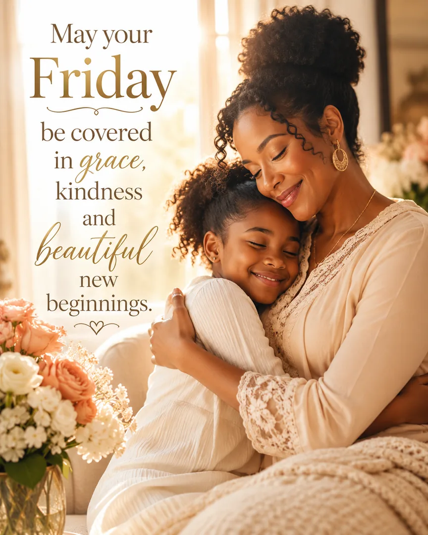 African American Friday blessing image: May your Friday be covered in grace, kindness and beautiful new beginnings.