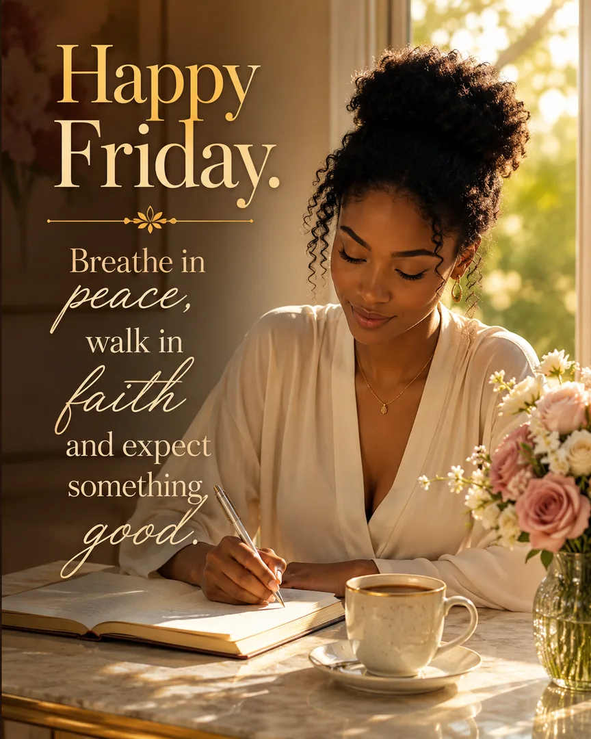 African American Friday blessing image: Happy Friday. Breathe in peace, walk in faith and expect something good.