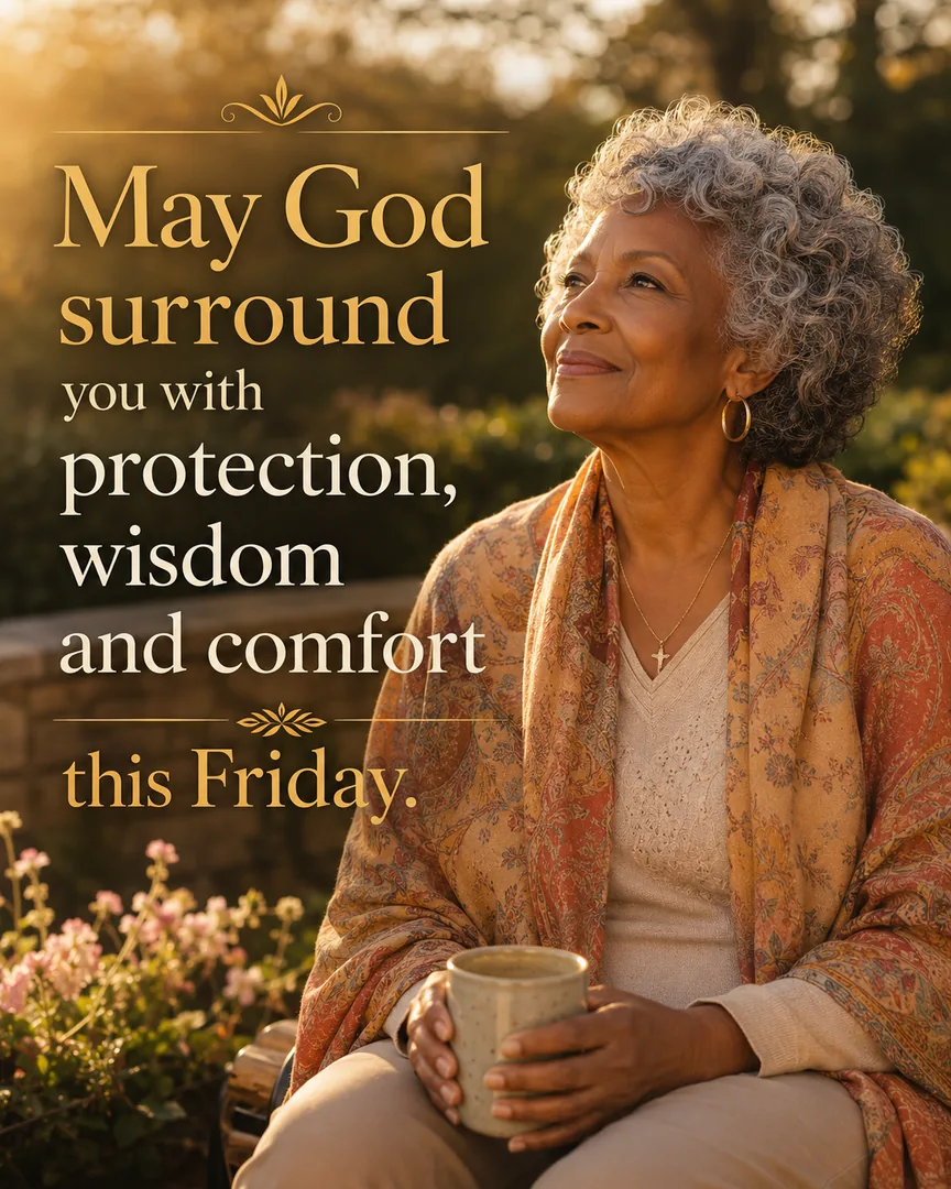 African American Friday blessing image: May God surround you with protection, wisdom and comfort this Friday.