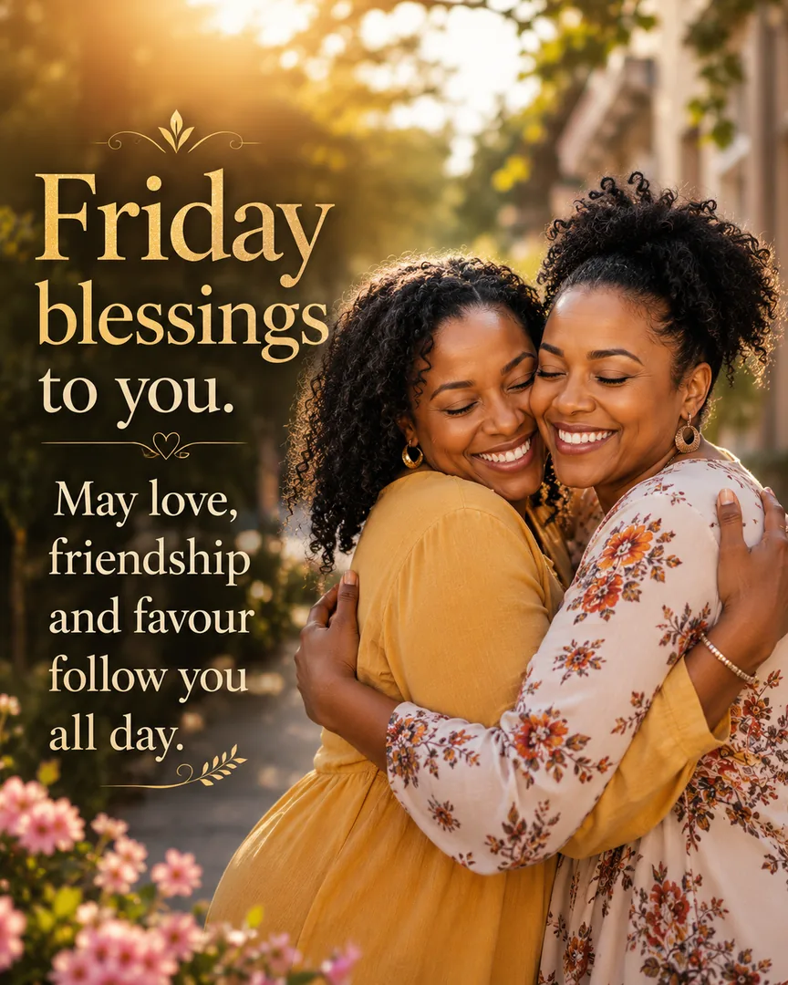 African American Friday blessing image: Friday blessings to you. May love, friendship and favour follow you all day.