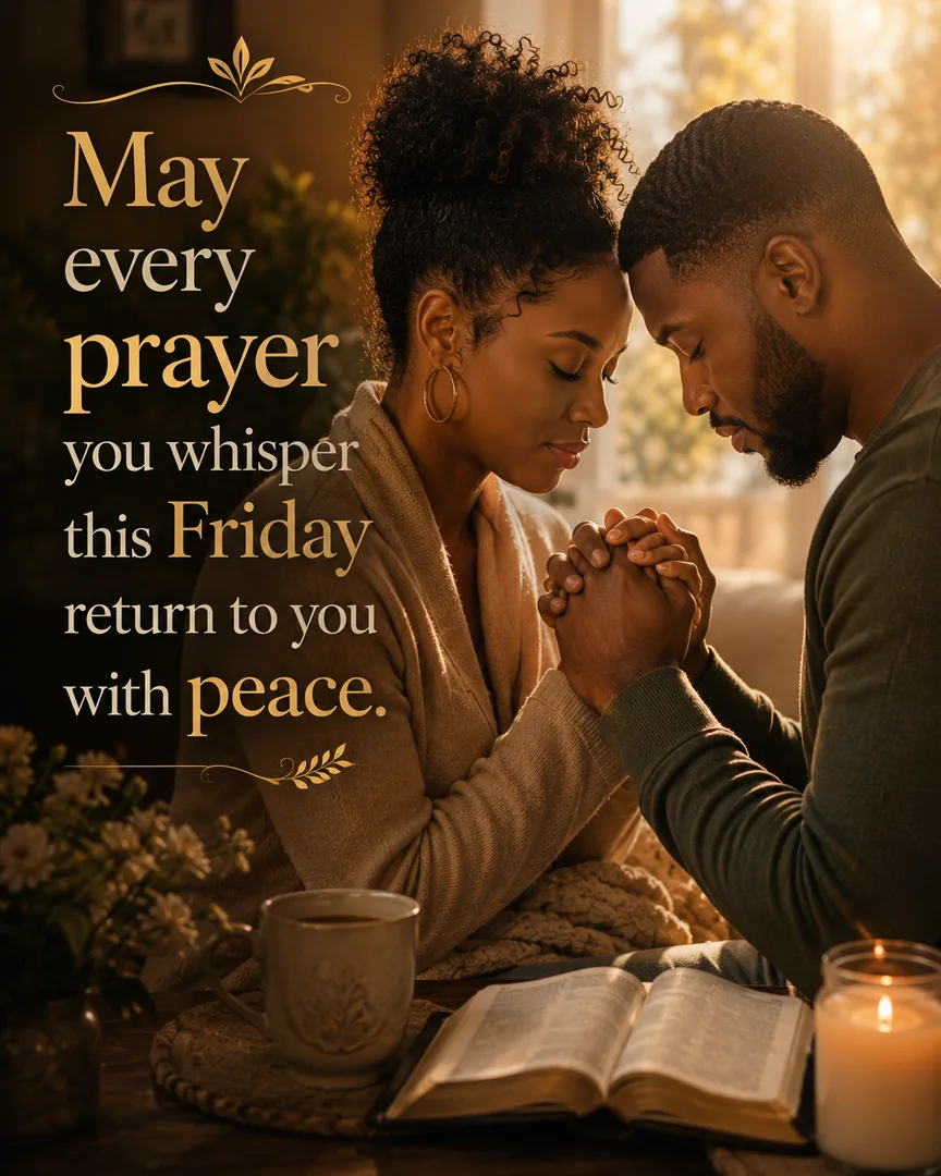 African American Friday blessing image: May every prayer you whisper this Friday return to you with peace.
