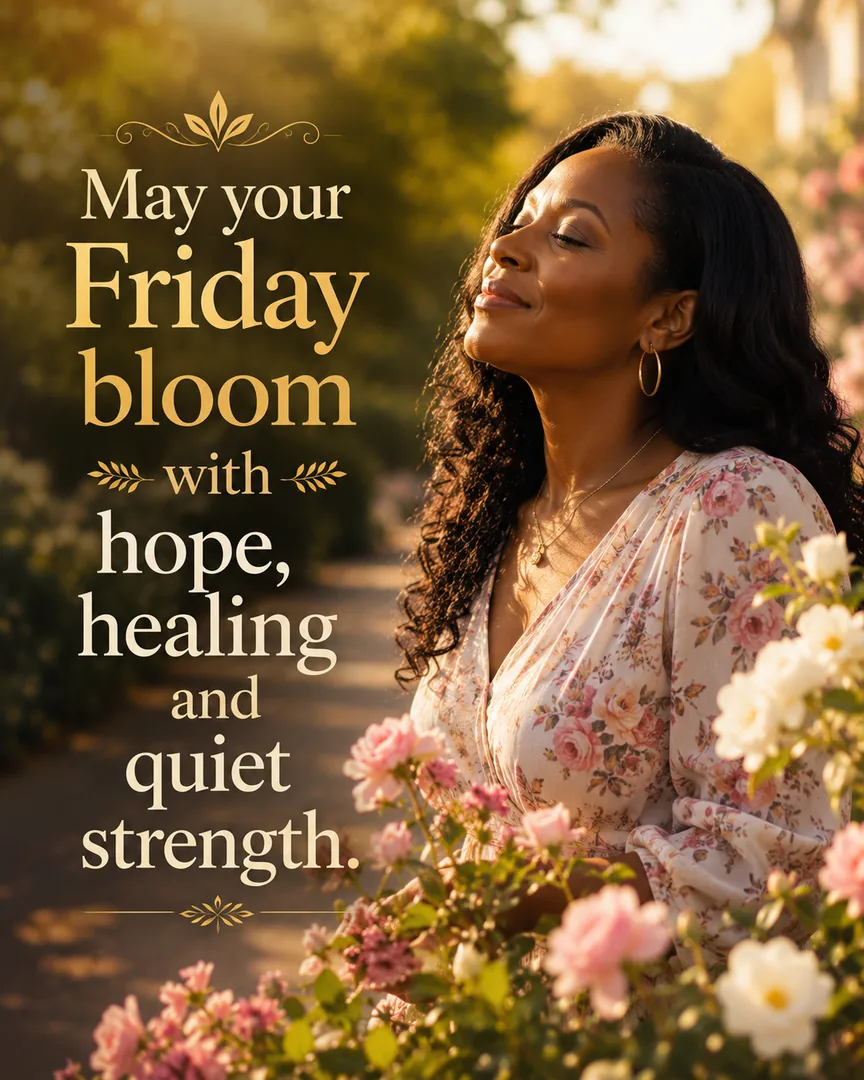 African American Friday blessing image: May your Friday bloom with hope, healing and quiet strength.