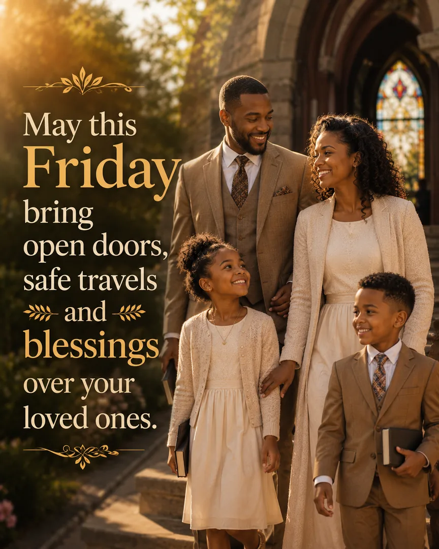 African American Friday blessing image: May this Friday bring open doors, safe travels and blessings over your loved ones.