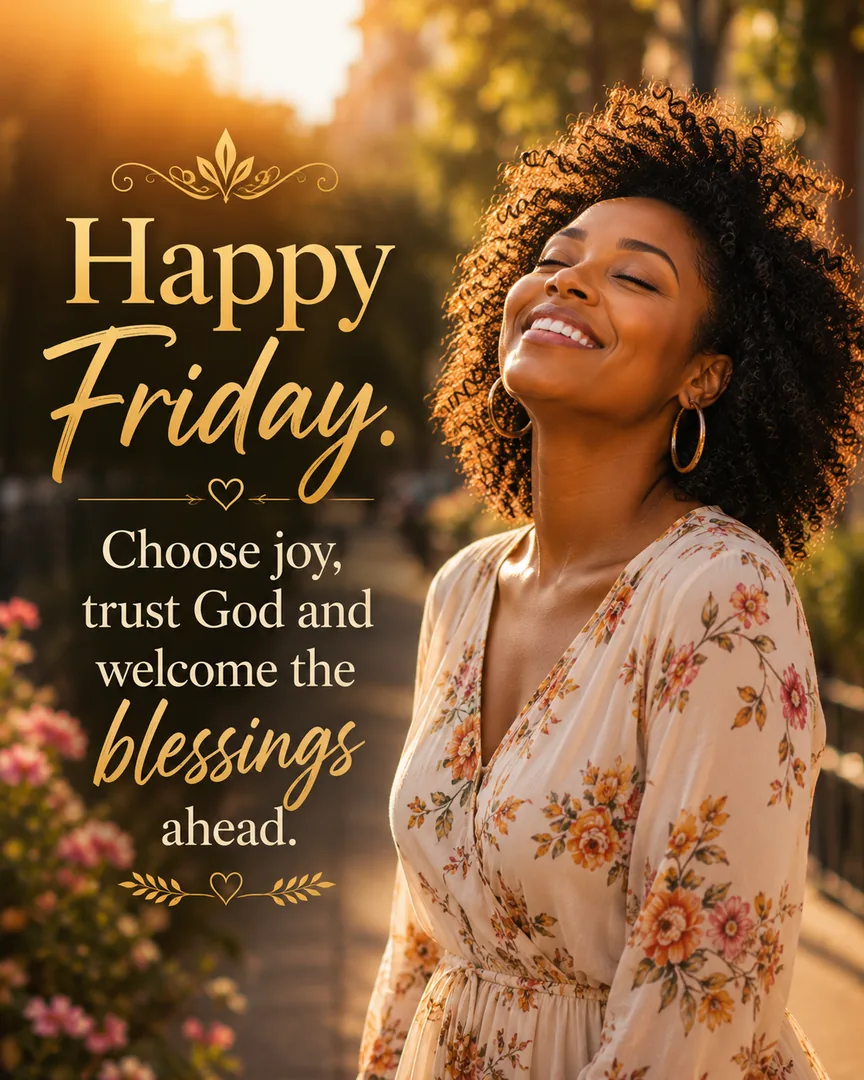 African American Friday blessing image: Happy Friday. Choose joy, trust God and welcome the blessings ahead.