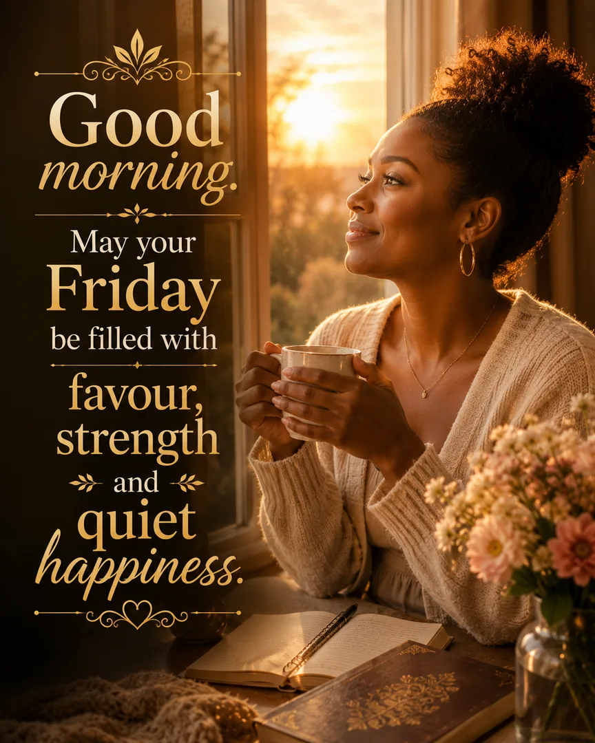 African American Friday blessing image: Good morning. May your Friday be filled with favour, strength and quiet happiness.