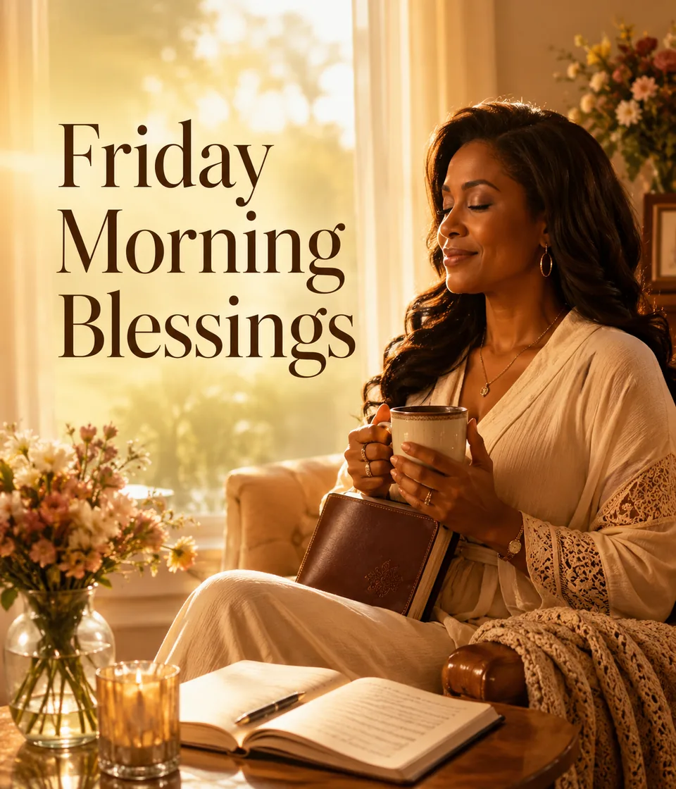Friday morning blessings category with an African American woman and devotional journal