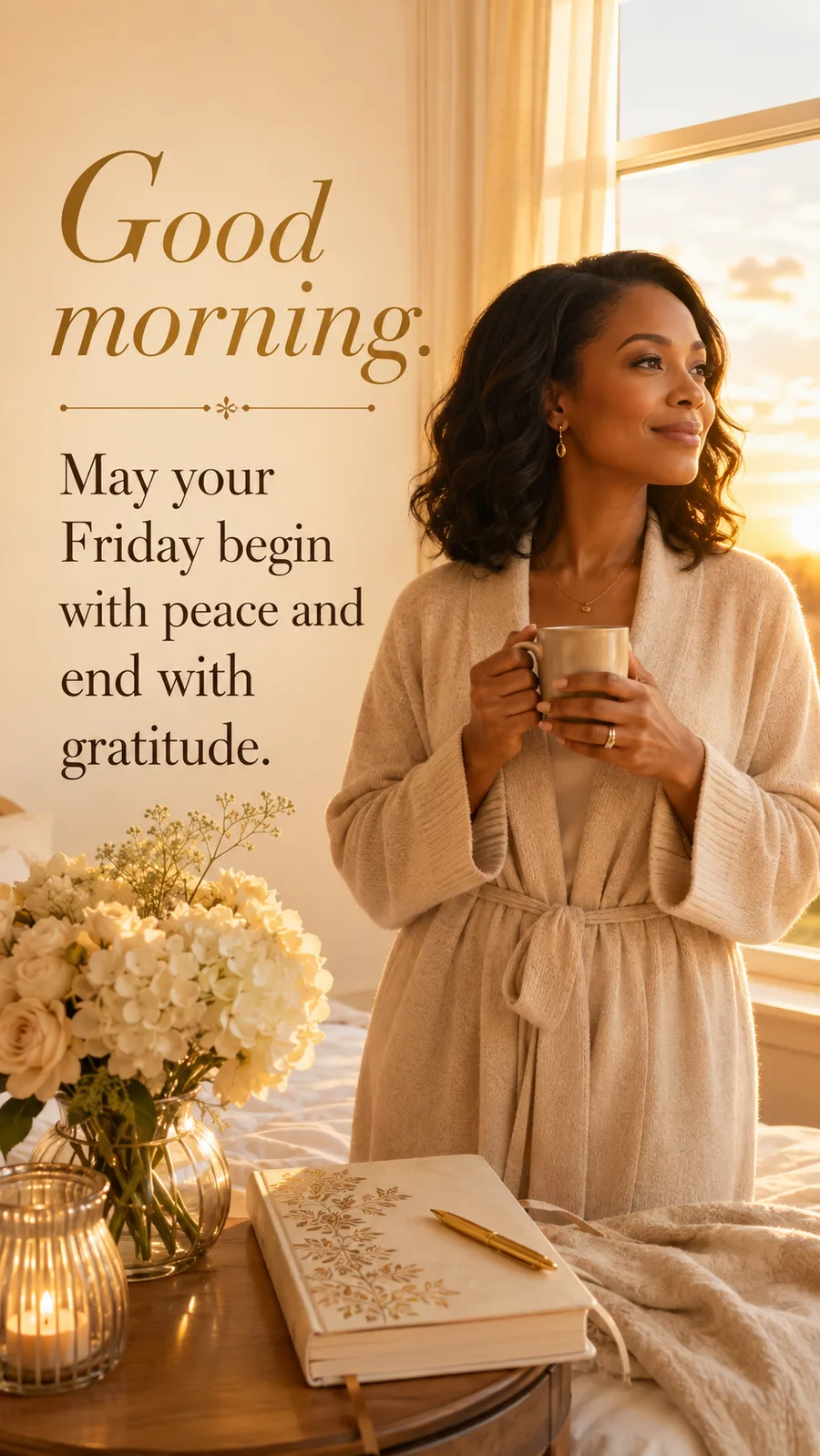 African American Friday blessing image: Good morning. May your Friday begin with peace and end with gratitude.