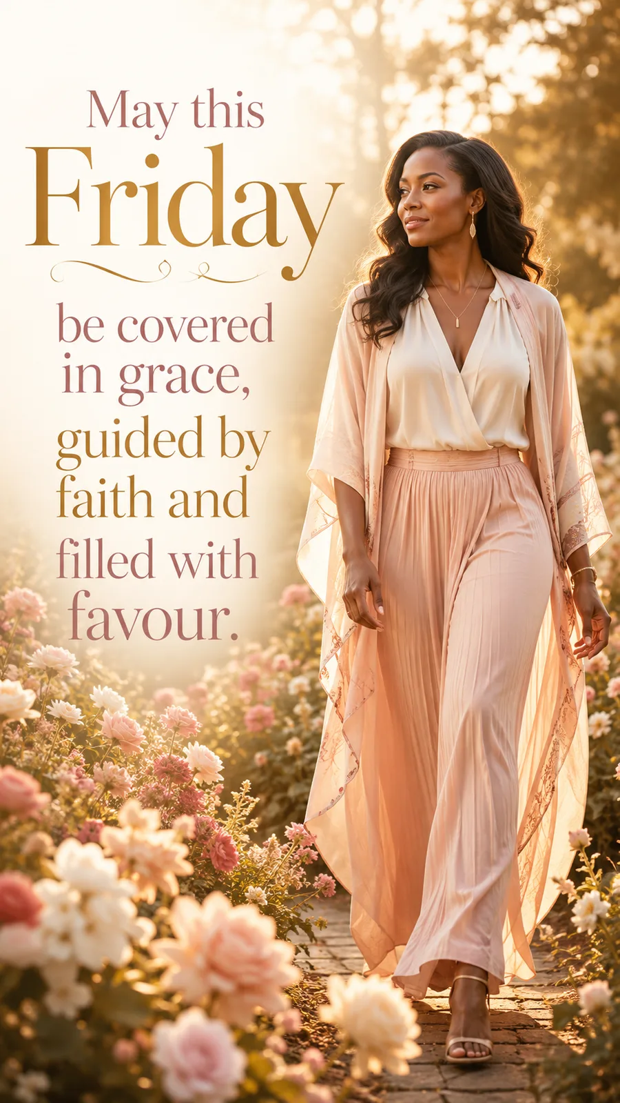African American Friday blessing image: May this Friday be covered in grace, guided by faith and filled with favour.