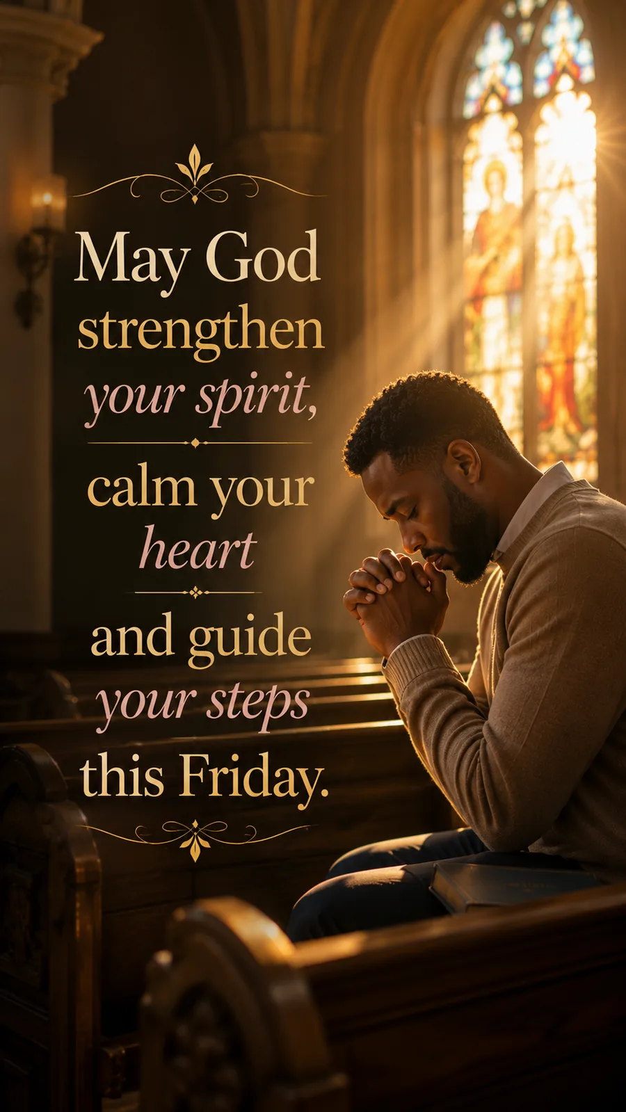 African American Friday blessing image: May God strengthen your spirit, calm your heart and guide your steps this Friday.
