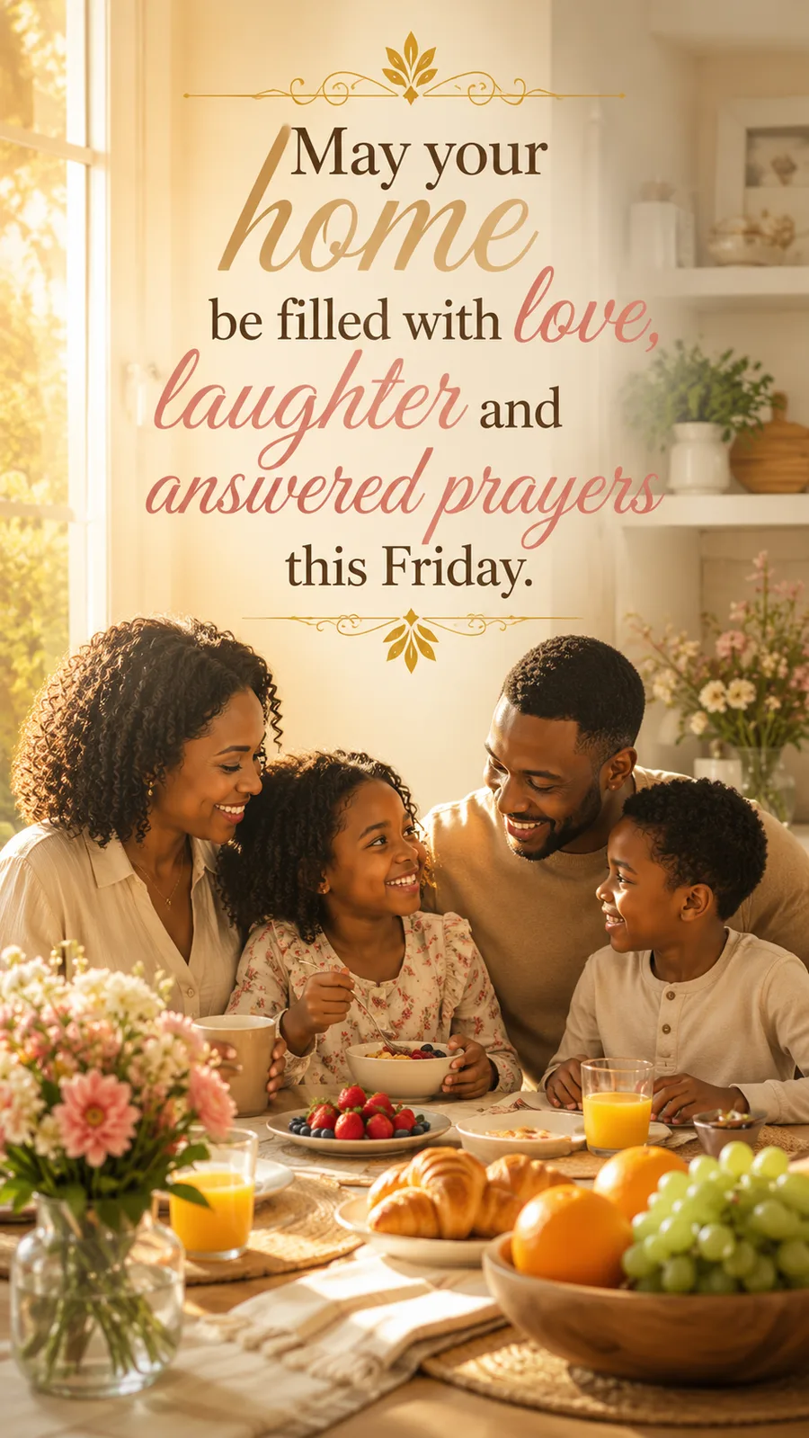 African American Friday blessing image: May your home be filled with love, laughter and answered prayers this Friday.