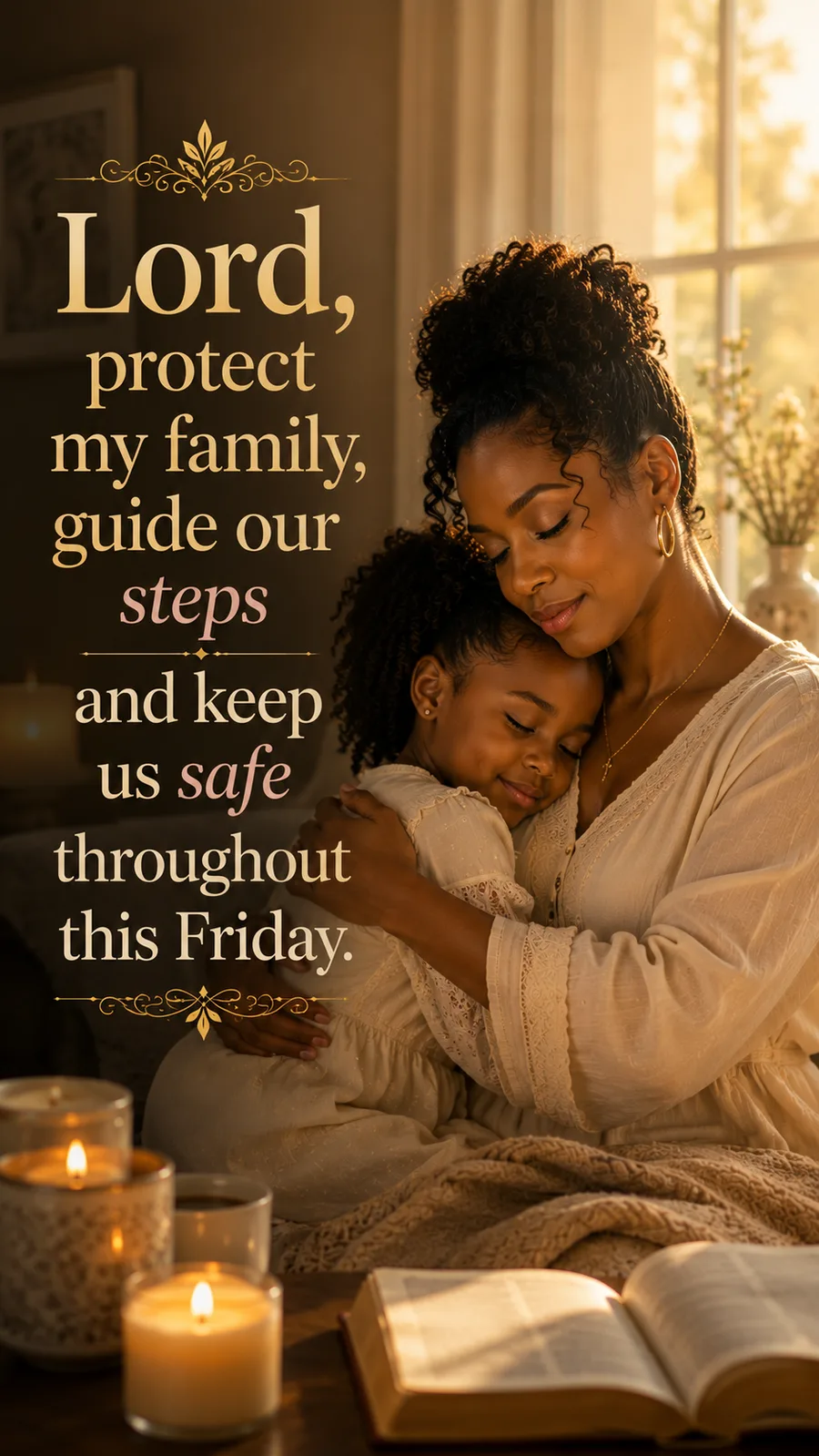 African American Friday blessing image: Lord, protect my family, guide our steps and keep us safe throughout this Friday.