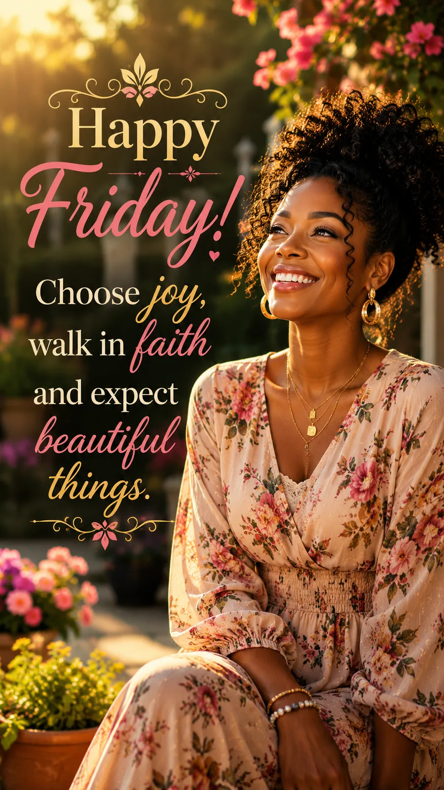 African American Friday blessing image: Happy Friday! Choose joy, walk in faith and expect beautiful things.