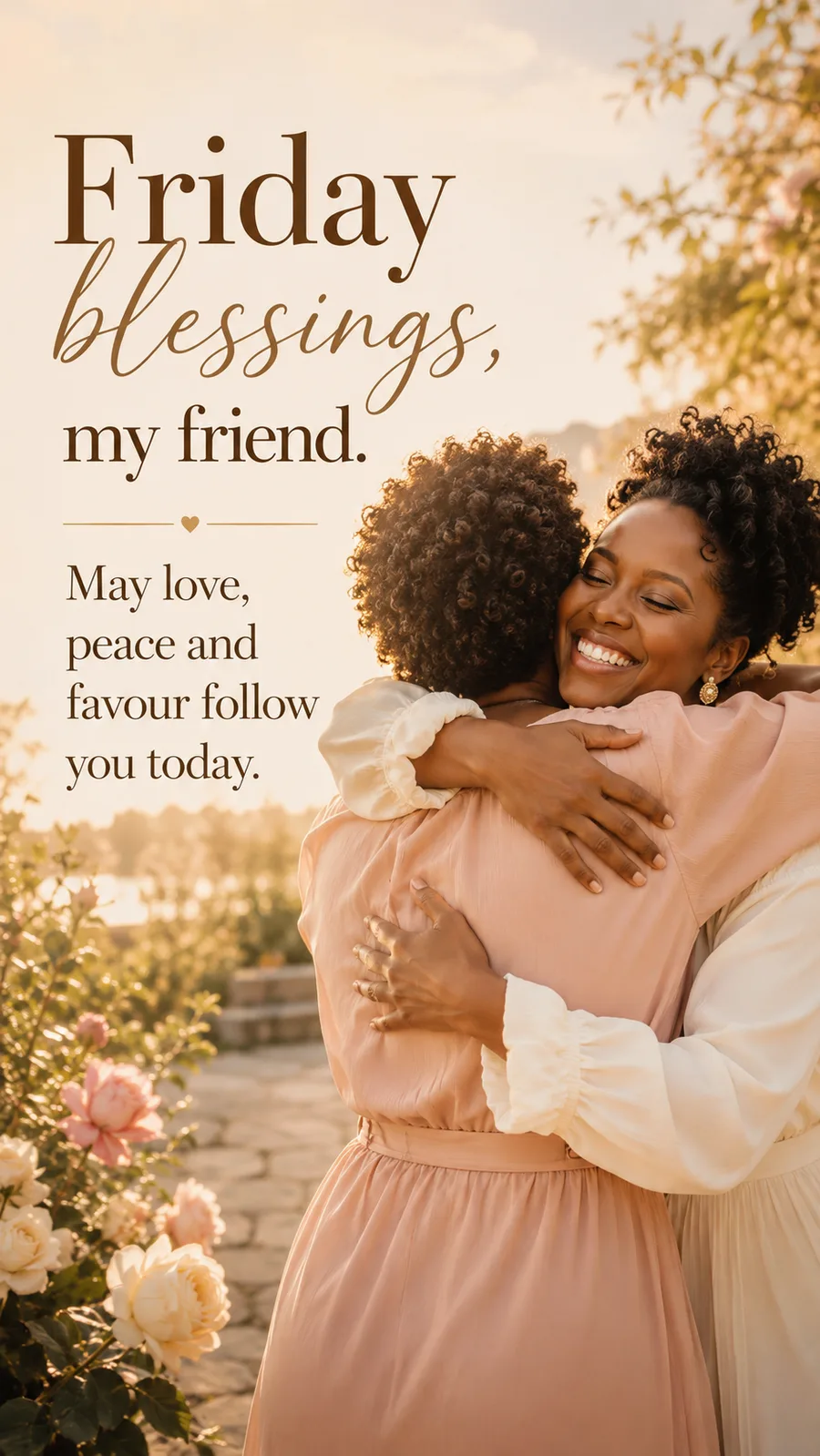 African American Friday blessing image: Friday blessings, my friend. May love, peace and favour follow you today.