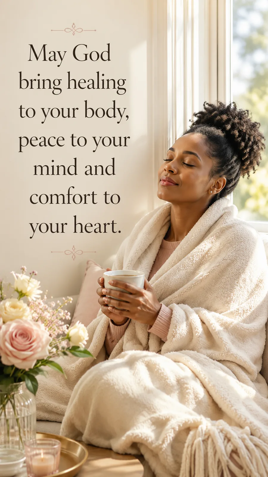 African American Friday blessing image: May God bring healing to your body, peace to your mind and comfort to your heart.