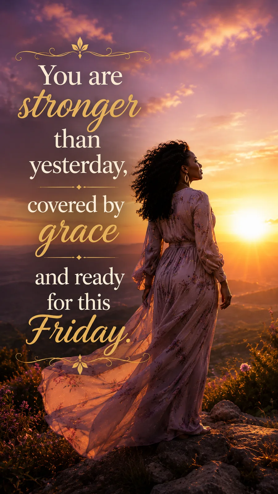 African American Friday blessing image: You are stronger than yesterday, covered by grace and ready for this Friday.