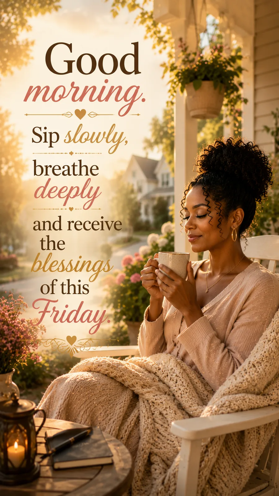 African American Friday blessing image: Good morning. Sip slowly, breathe deeply and receive the blessings of this Friday.