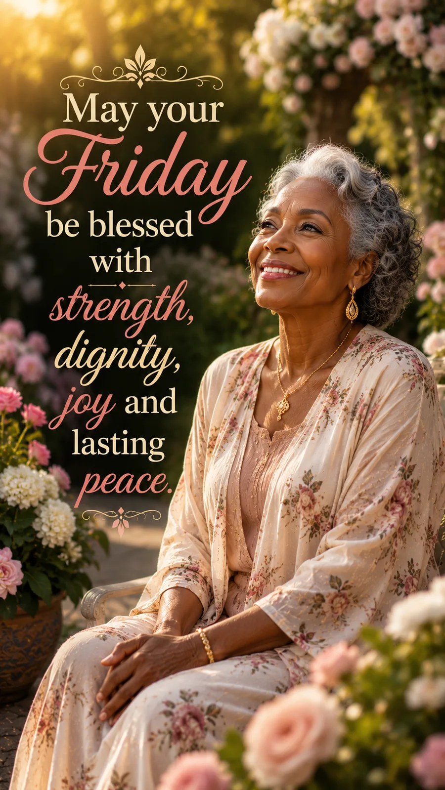 African American Friday blessing image: May your Friday be blessed with strength, dignity, joy and lasting peace.