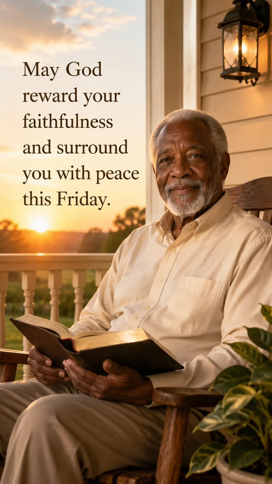 African American Friday blessing image: May God reward your faithfulness and surround you with peace this Friday.
