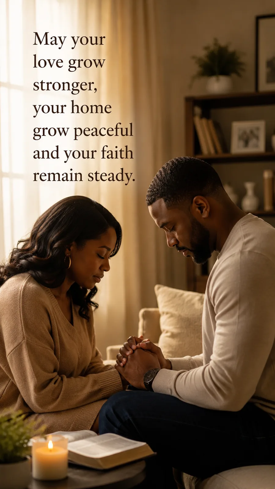 African American Friday blessing image: May your love grow stronger, your home grow peaceful and your faith remain steady.