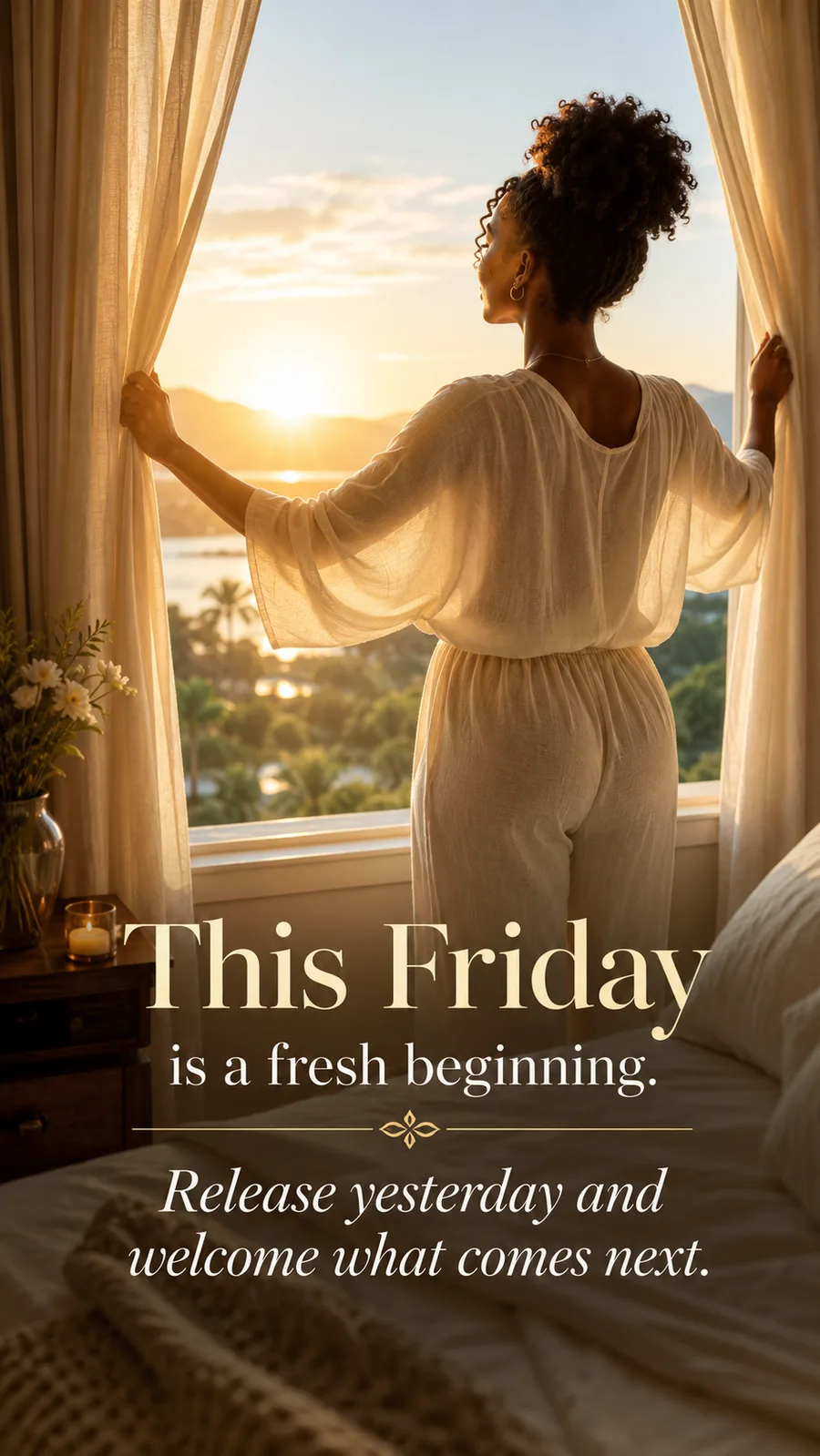 African American Friday blessing image: This Friday is a fresh beginning. Release yesterday and welcome what comes next.