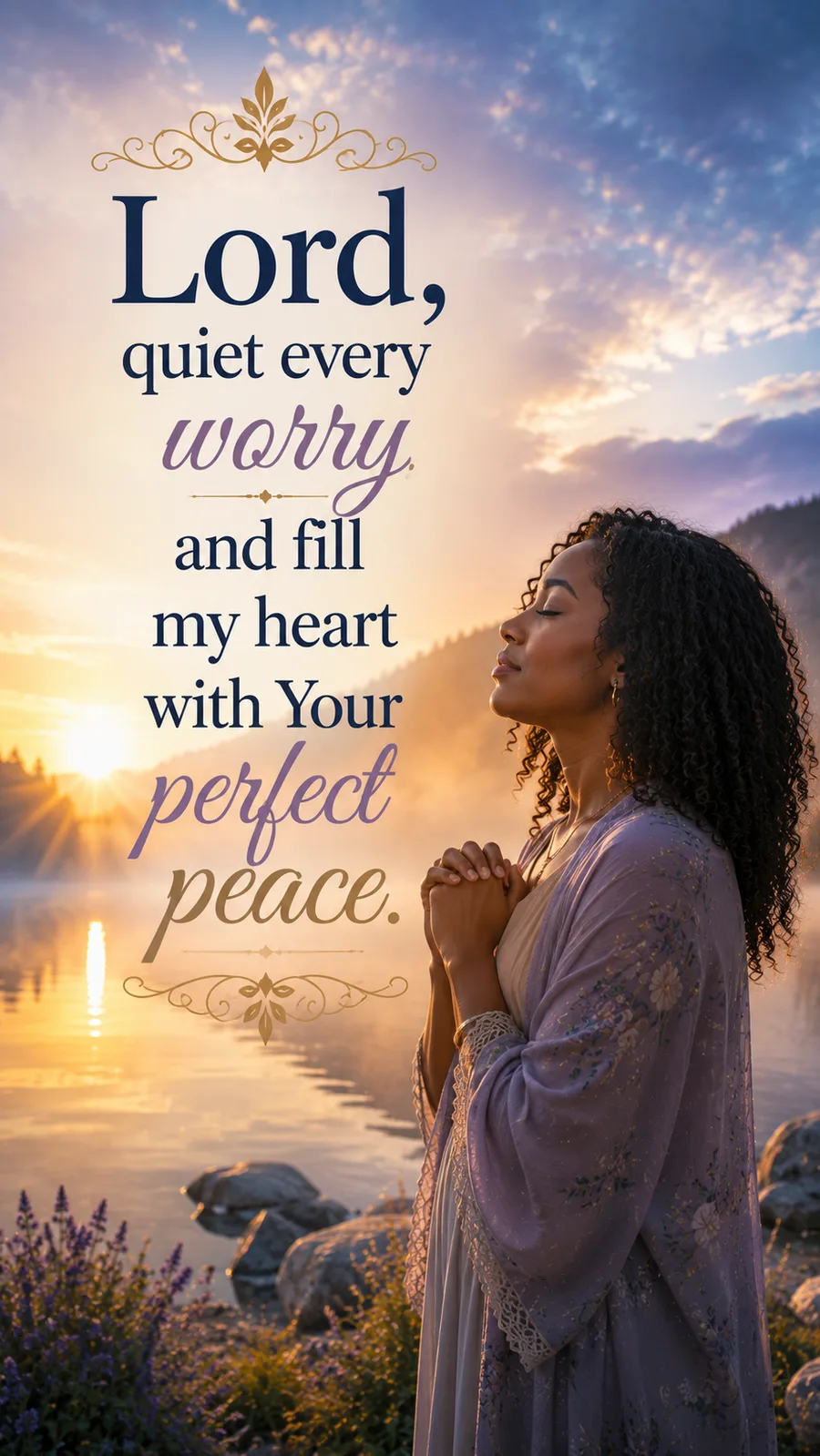 African American Friday blessing image: Lord, quiet every worry and fill my heart with Your perfect peace.